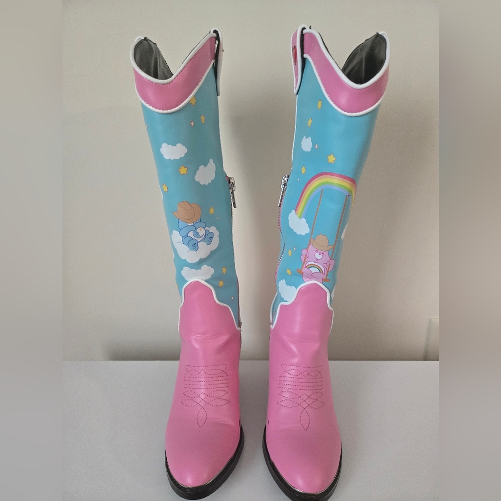 Dolls Kill Pink and Blue Cowboy Heeled Boots with Rainbow Detail